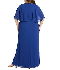R & M Richards Plus Size Souffle Crepe Chiffon Crew Neck Short Sleeve Capelet Ruched Waist With Flower Detail Sheath Dress