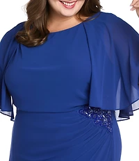 R & M Richards Plus Size Souffle Crepe Chiffon Crew Neck Short Sleeve Capelet Ruched Waist With Flower Detail Sheath Dress
