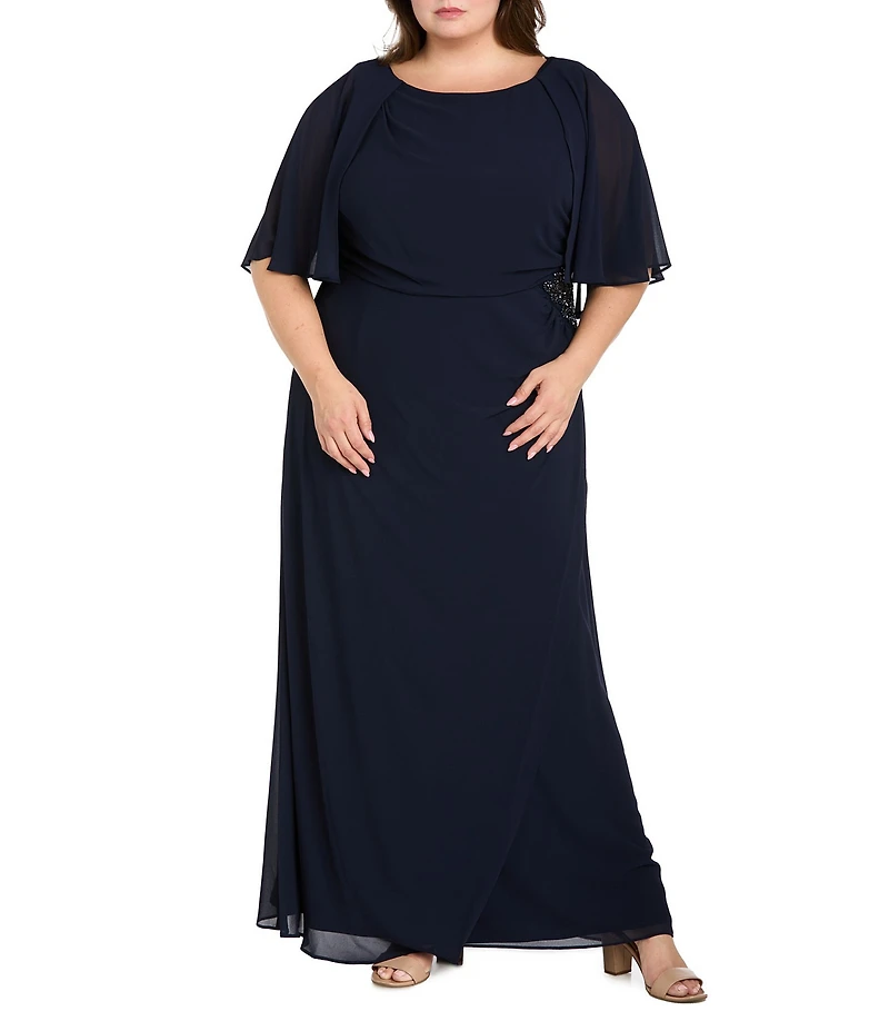 R & M Richards Plus Size Souffle Crepe Chiffon Crew Neck Short Sleeve Capelet Ruched Waist With Flower Detail Sheath Dress