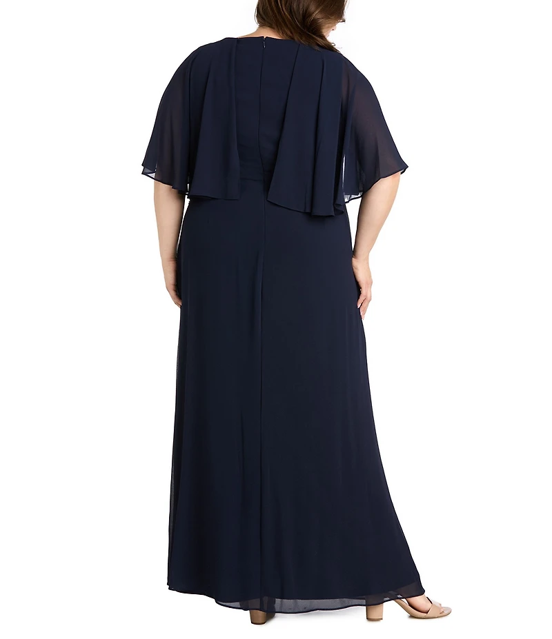 R & M Richards Plus Size Souffle Crepe Chiffon Crew Neck Short Sleeve Capelet Ruched Waist With Flower Detail Sheath Dress