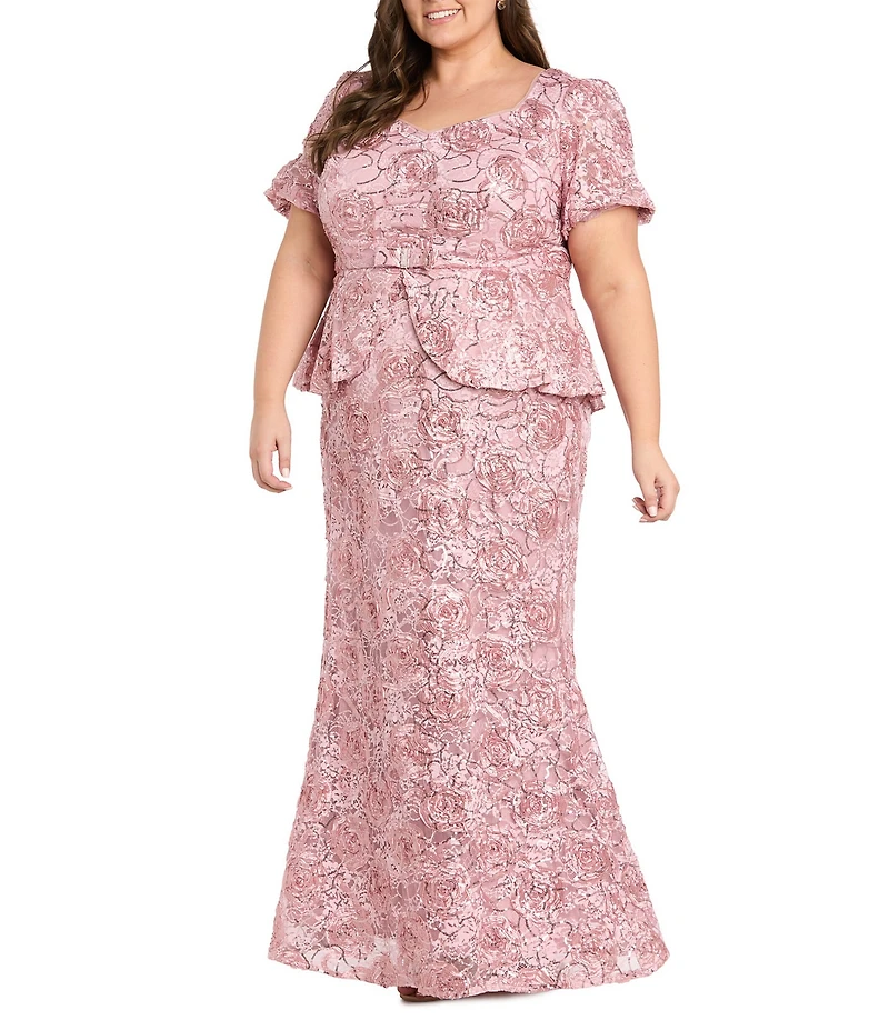 R & M Richards Plus Size Soutache Puff Sleeve Long Dress