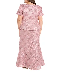 R & M Richards Plus Size Soutache Puff Sleeve Long Dress