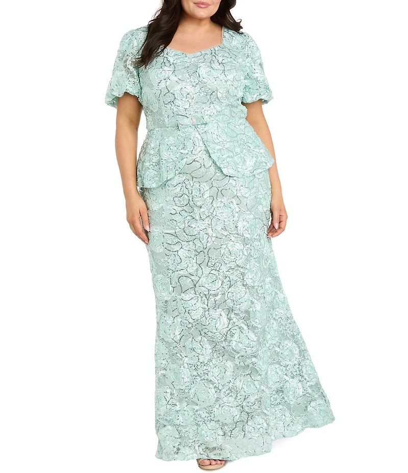 R & M Richards Plus Size Soutache Puff Sleeve Long Dress
