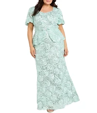 R & M Richards Plus Size Soutache Puff Sleeve Long Dress
