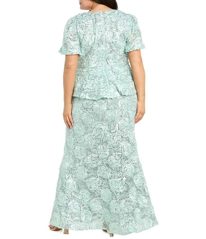 R & M Richards Plus Size Soutache Puff Sleeve Long Dress