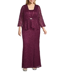 R & M Richards Plus Size Stretch Lace Charmeuse Round Neck 3/4 Sleeves Glitter 2-Piece Jacket Dress