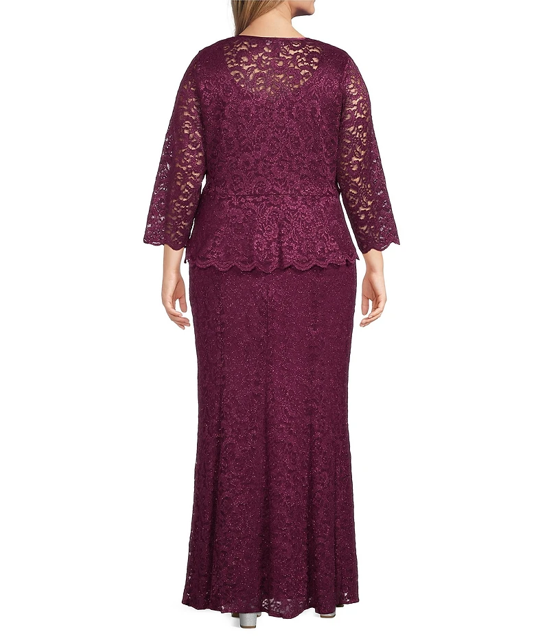 R & M Richards Plus Size Stretch Lace Charmeuse Round Neck 3/4 Sleeves Glitter 2-Piece Jacket Dress