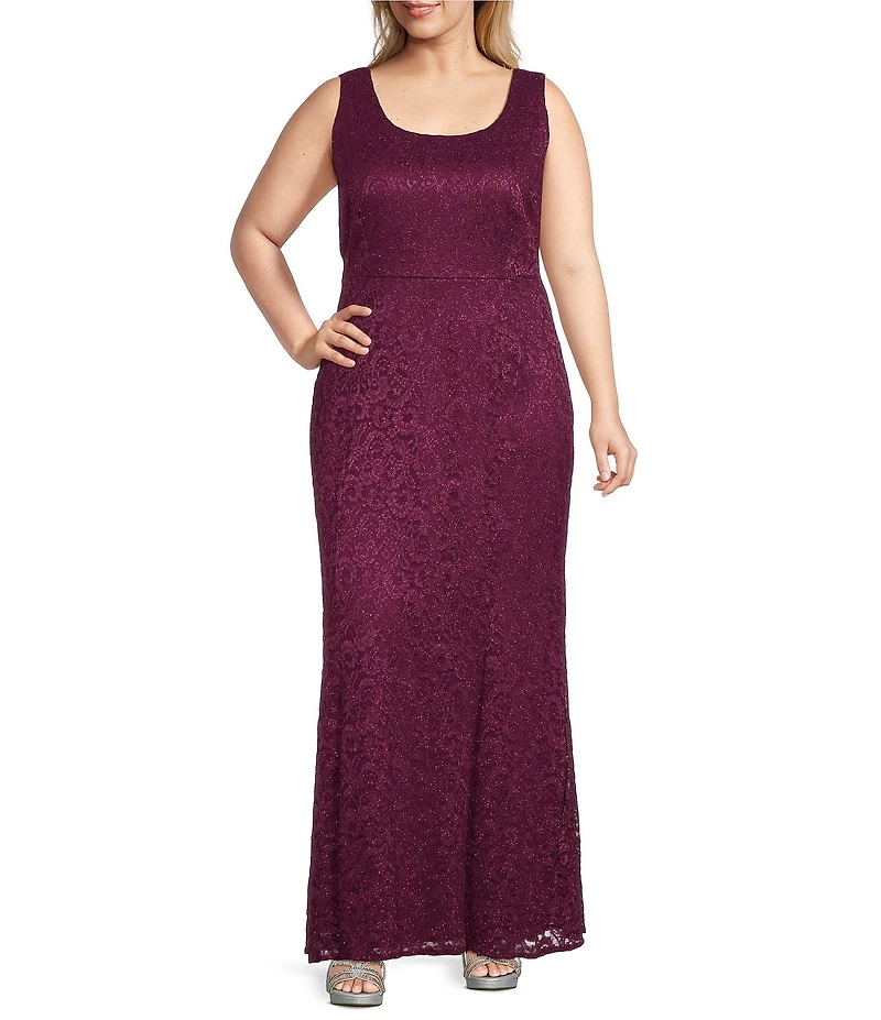 R & M Richards Plus Size Stretch Lace Charmeuse Round Neck 3/4 Sleeves Glitter 2-Piece Jacket Dress