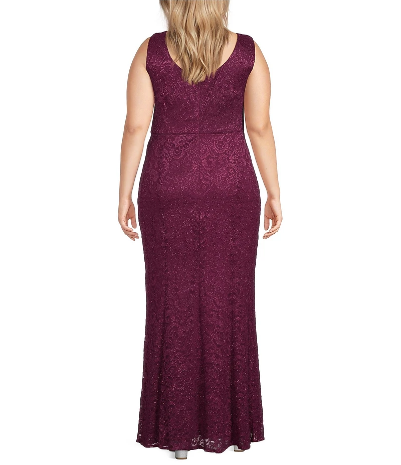 R & M Richards Plus Size Stretch Lace Charmeuse Round Neck 3/4 Sleeves Glitter 2-Piece Jacket Dress