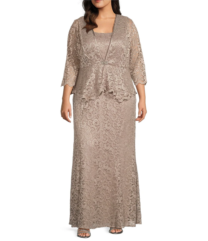 R & M Richards Plus Size Stretch Lace Charmeuse Round Neck 3/4 Sleeves Glitter 2-Piece Jacket Dress
