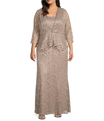 R & M Richards Plus Size Stretch Lace Charmeuse Round Neck 3/4 Sleeves Glitter 2-Piece Jacket Dress