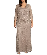 R & M Richards Plus Size Stretch Lace Charmeuse Round Neck 3/4 Sleeves Glitter 2-Piece Jacket Dress