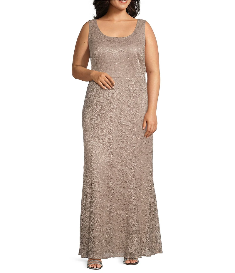 R & M Richards Plus Size Stretch Lace Charmeuse Round Neck 3/4 Sleeves Glitter 2-Piece Jacket Dress
