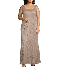 R & M Richards Plus Size Stretch Lace Charmeuse Round Neck 3/4 Sleeves Glitter 2-Piece Jacket Dress