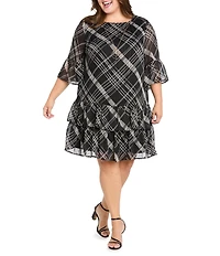R & M Richards Plus Size Stripe Wet Print Satin Chiffon Short Bell Sleeve Tiered Hem Sheath Dress