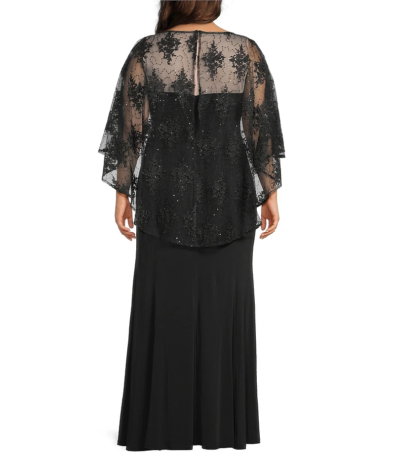 R & M Richards Plus Size Sweetheart Neck Embroidered Sequin Mesh Cape Overlay Dress