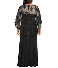 R & M Richards Plus Size Sweetheart Neck Embroidered Sequin Mesh Cape Overlay Dress
