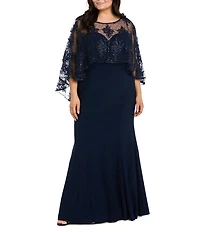 R & M Richards Plus Size Sweetheart Neck Embroidered Sequin Mesh Cape Overlay Dress