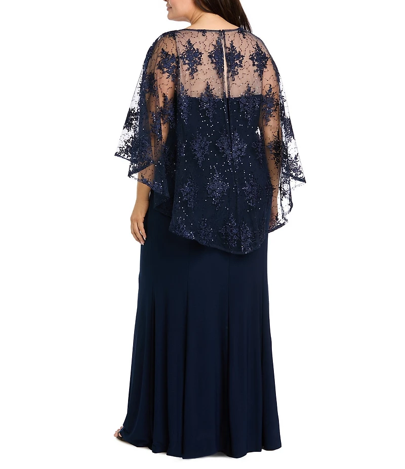 R & M Richards Plus Size Sweetheart Neck Embroidered Sequin Mesh Cape Overlay Dress