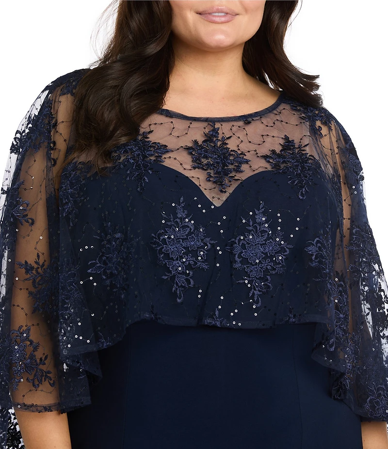 R & M Richards Plus Size Sweetheart Neck Embroidered Sequin Mesh Cape Overlay Dress