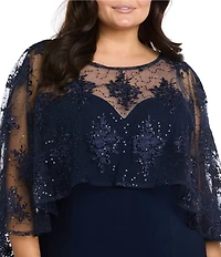 R & M Richards Plus Size Sweetheart Neck Embroidered Sequin Mesh Cape Overlay Dress