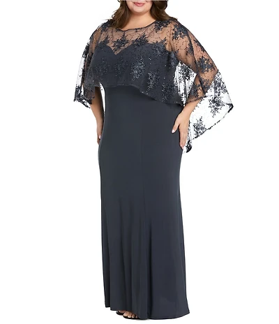 R & M Richards Plus Size Sweetheart Neck Embroidered Sequin Mesh Cape Overlay Dress