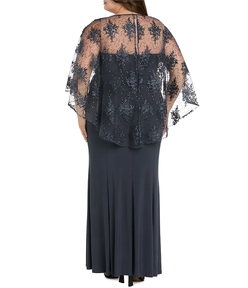 R & M Richards Plus Size Sweetheart Neck Embroidered Sequin Mesh Cape Overlay Dress