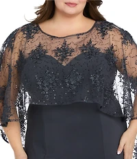 R & M Richards Plus Size Sweetheart Neck Embroidered Sequin Mesh Cape Overlay Dress