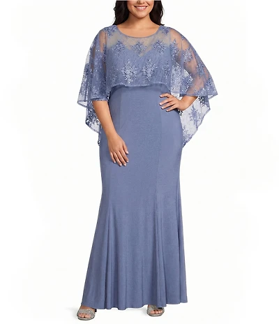 R & M Richards Plus Size Sweetheart Neck Embroidered Sequin Mesh Cape Overlay Dress