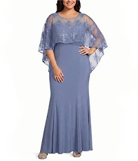 R & M Richards Plus Size Sweetheart Neck Embroidered Sequin Mesh Cape Overlay Dress