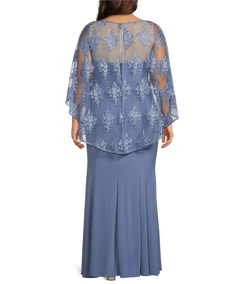 R & M Richards Plus Size Sweetheart Neck Embroidered Sequin Mesh Cape Overlay Dress