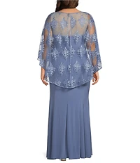 R & M Richards Plus Size Sweetheart Neck Embroidered Sequin Mesh Cape Overlay Dress