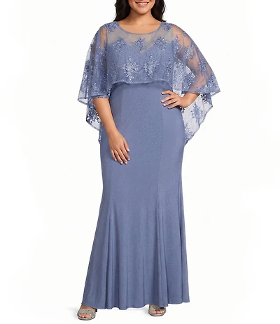 R & M Richards Plus Size Sweetheart Neck Embroidered Sequin Mesh Cape Overlay Dress