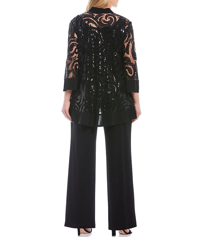R & M Richards Plus Size Scoop Neck 3/4 Sleeve Swirl Sequin Jacket 2-Piece Pant Set