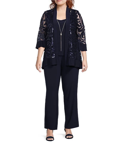 R & M Richards Plus Size Scoop Neck 3/4 Sleeve Swirl Sequin Jacket 2-Piece Pant Set