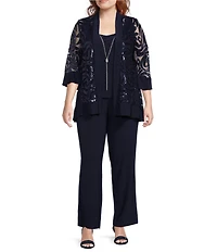 R & M Richards Plus Size Scoop Neck 3/4 Sleeve Swirl Sequin Jacket 2-Piece Pant Set