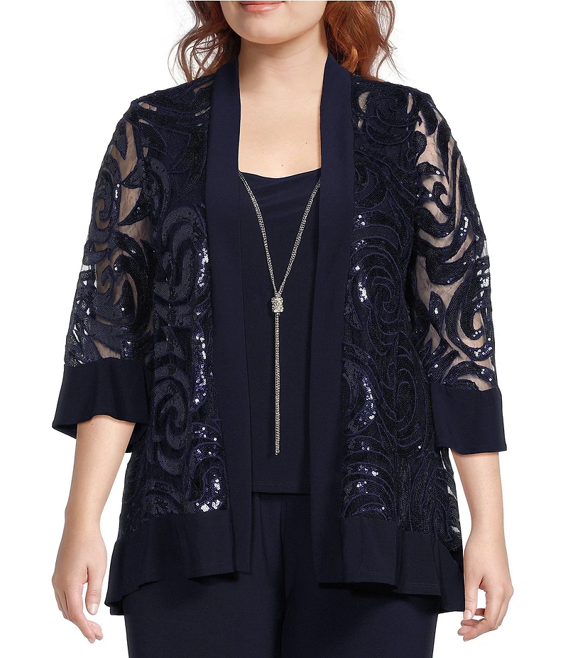 R & M Richards Plus Size Scoop Neck 3/4 Sleeve Swirl Sequin Jacket 2-Piece Pant Set