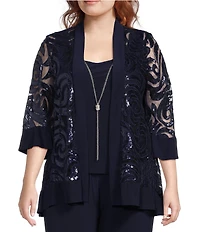 R & M Richards Plus Size Scoop Neck 3/4 Sleeve Swirl Sequin Jacket 2-Piece Pant Set