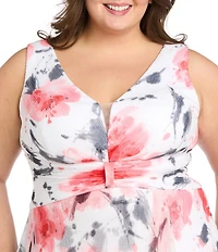 R & M Richards Plus Size V-Neck Sleeveless Printed A-Line Gown