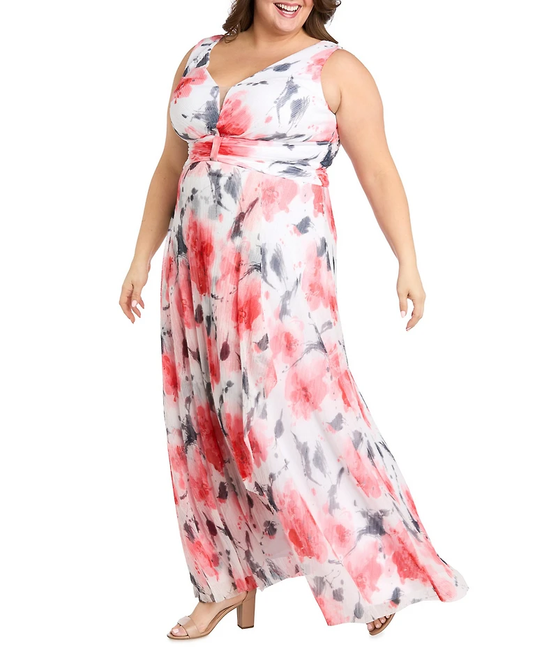 R & M Richards Plus Size V-Neck Sleeveless Printed A-Line Gown