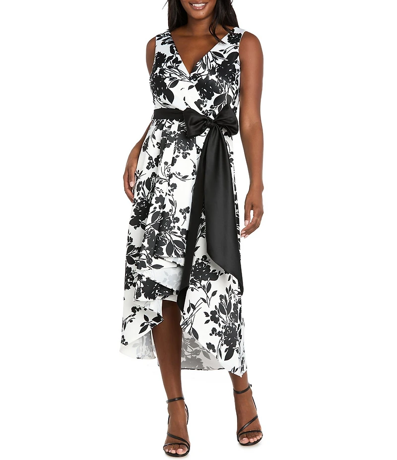 R & M Richards Printed Lamour Surplice Neck Sleeveless Belted Wrap Cascade High-Low Midi Dress