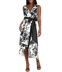R & M Richards Printed Lamour Surplice Neck Sleeveless Belted Wrap Cascade High-Low Midi Dress