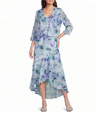 R & M Richards Printed Lurex Chiffon Bolero High Low Ruffle Hem Jacket Dress