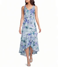 R & M Richards Printed Lurex Chiffon Bolero High Low Ruffle Hem Jacket Dress