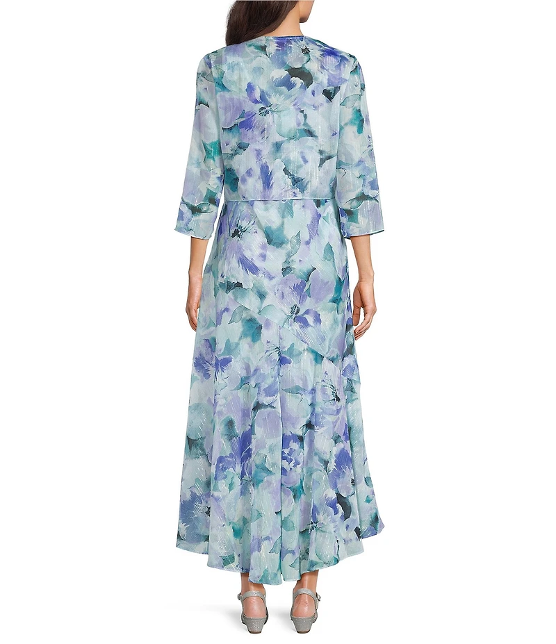 R & M Richards Printed Lurex Chiffon Bolero High Low Ruffle Hem Jacket Dress