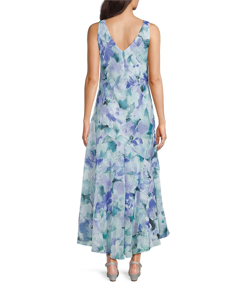 R & M Richards Printed Lurex Chiffon Bolero High Low Ruffle Hem Jacket Dress
