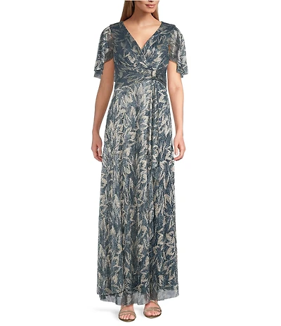 R & M Richards Printed Metallic Foil Sheer Knit Short Flutter Sleeve Gown