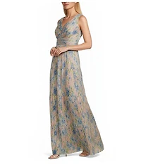 R & M Richards Printed V-Neck Sleeveless Metallic Crinkle Long Dress