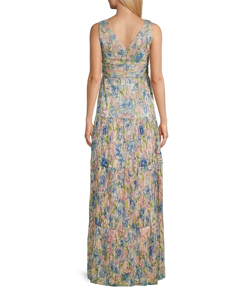 R & M Richards Printed V-Neck Sleeveless Metallic Crinkle Long Dress