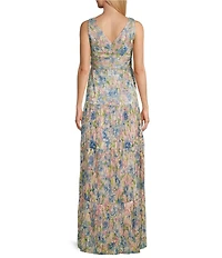 R & M Richards Printed V-Neck Sleeveless Metallic Crinkle Long Dress